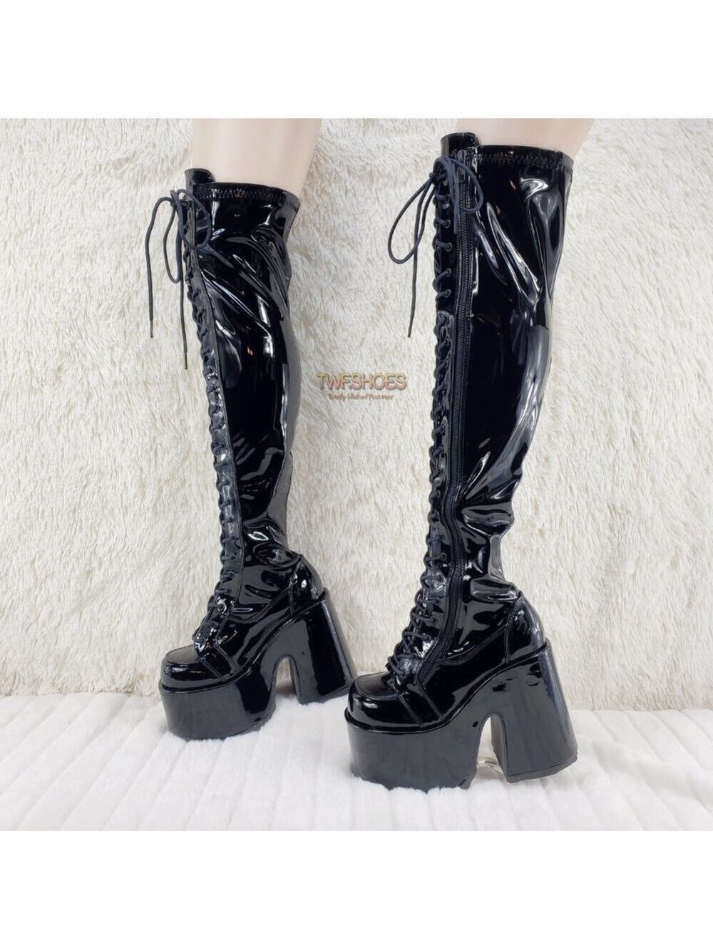 Chunky Platform Heel Stretch Lace Up Thigh Boots